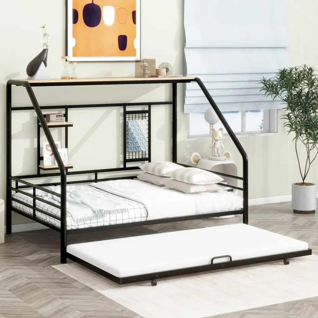 Full Size Metal House Bed Trundle Black Finish lucky world