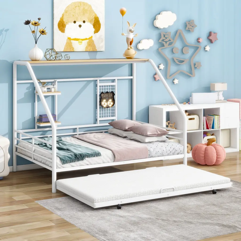Full Size Metal House Bed Trundle White Finish lucky world