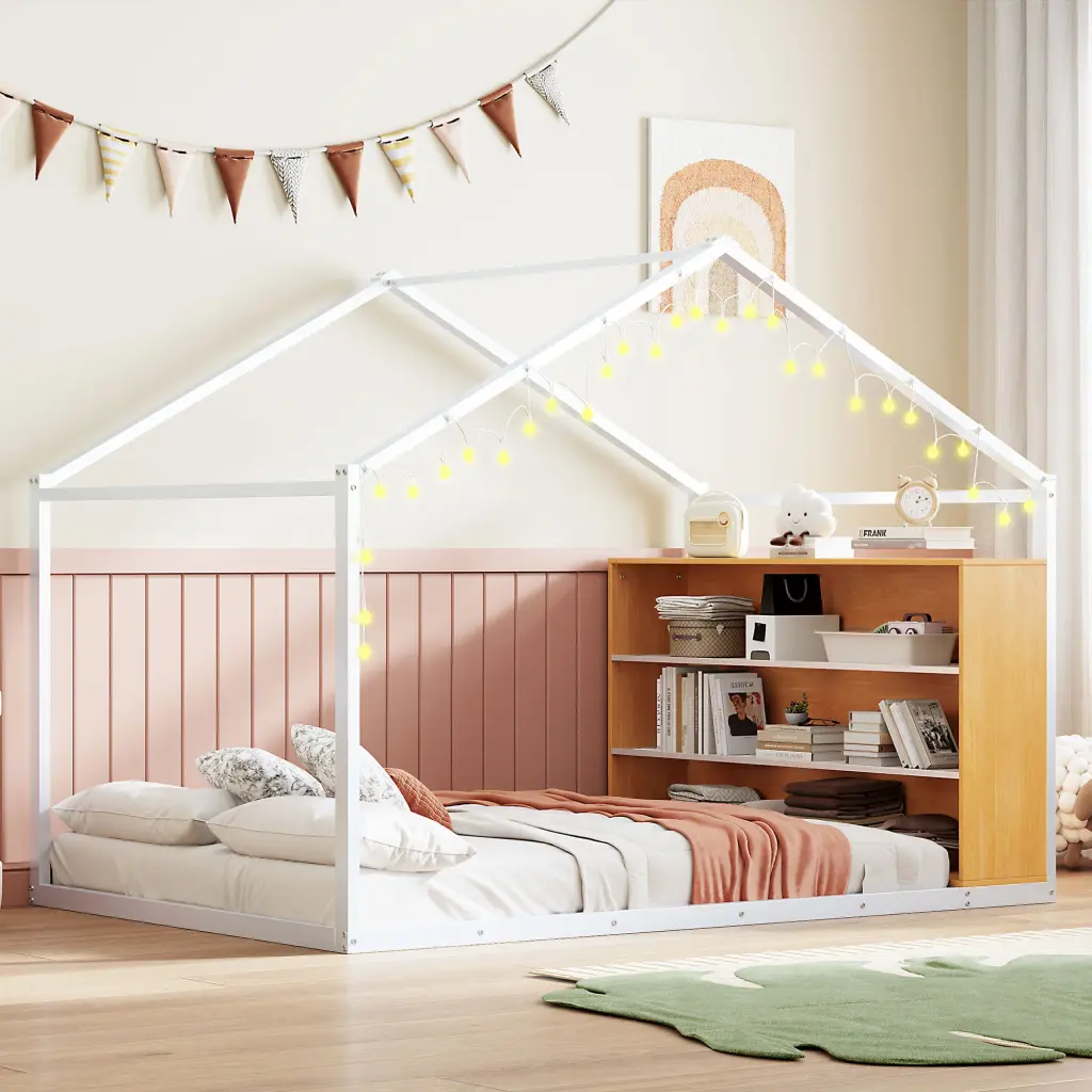 Full Size Metallic Bed House Bed Frame Shelves And Lights White lucky world
