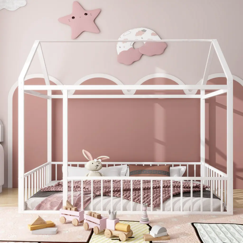 Twin Dimensions Metallic Bed House Bed Frame Fence Kids Teens And Girls lucky world