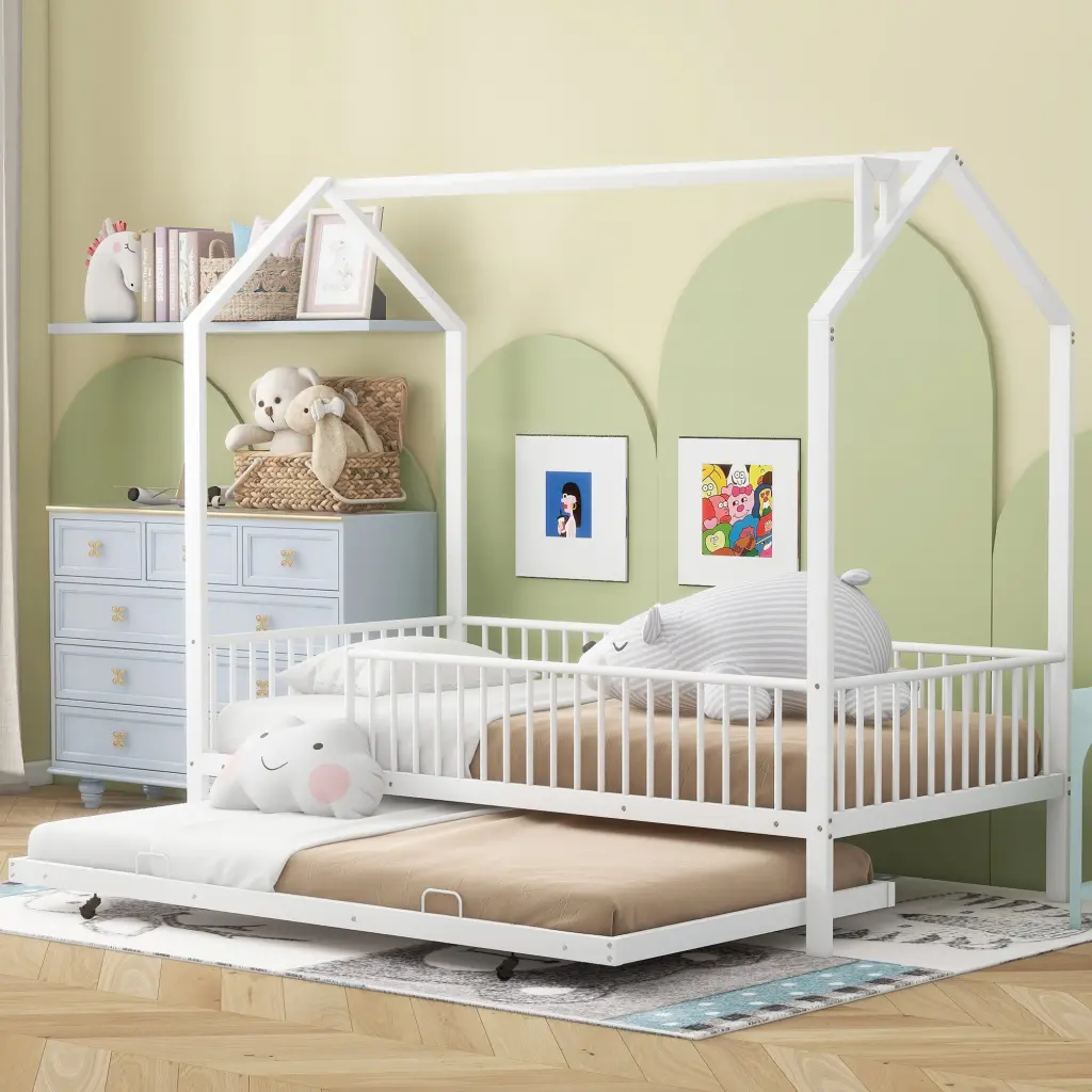 Twin Size Metallic House Bed Fence and Trundle White wm dreamland