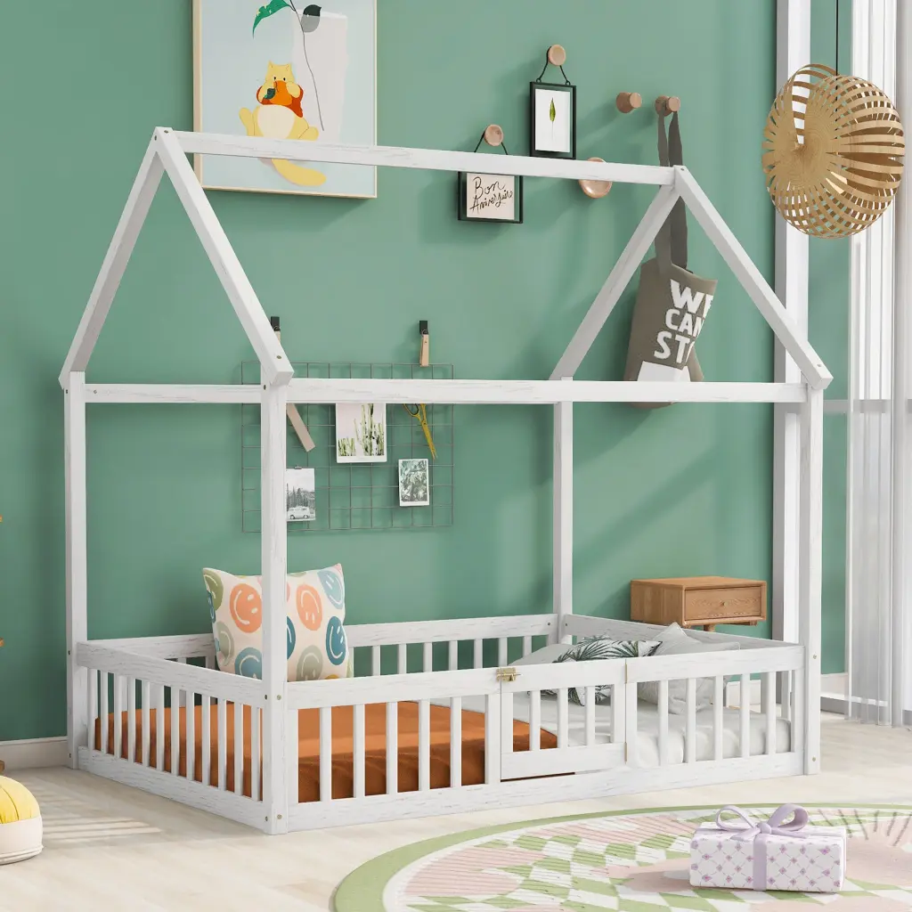 Full Dimensions Wooden House Bed Fence and Door White Wash White Pine wm store