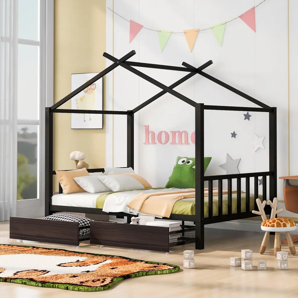 Full Size Metal House Platform Bed Drawers and Headboard wm store