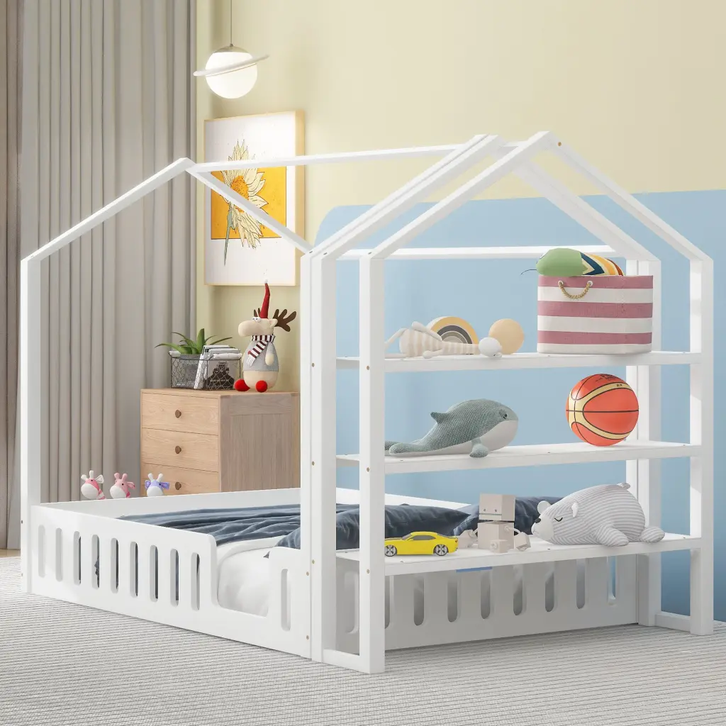 Full Size Timber House Bed Fence and Detachable Storage Shelves White wm store