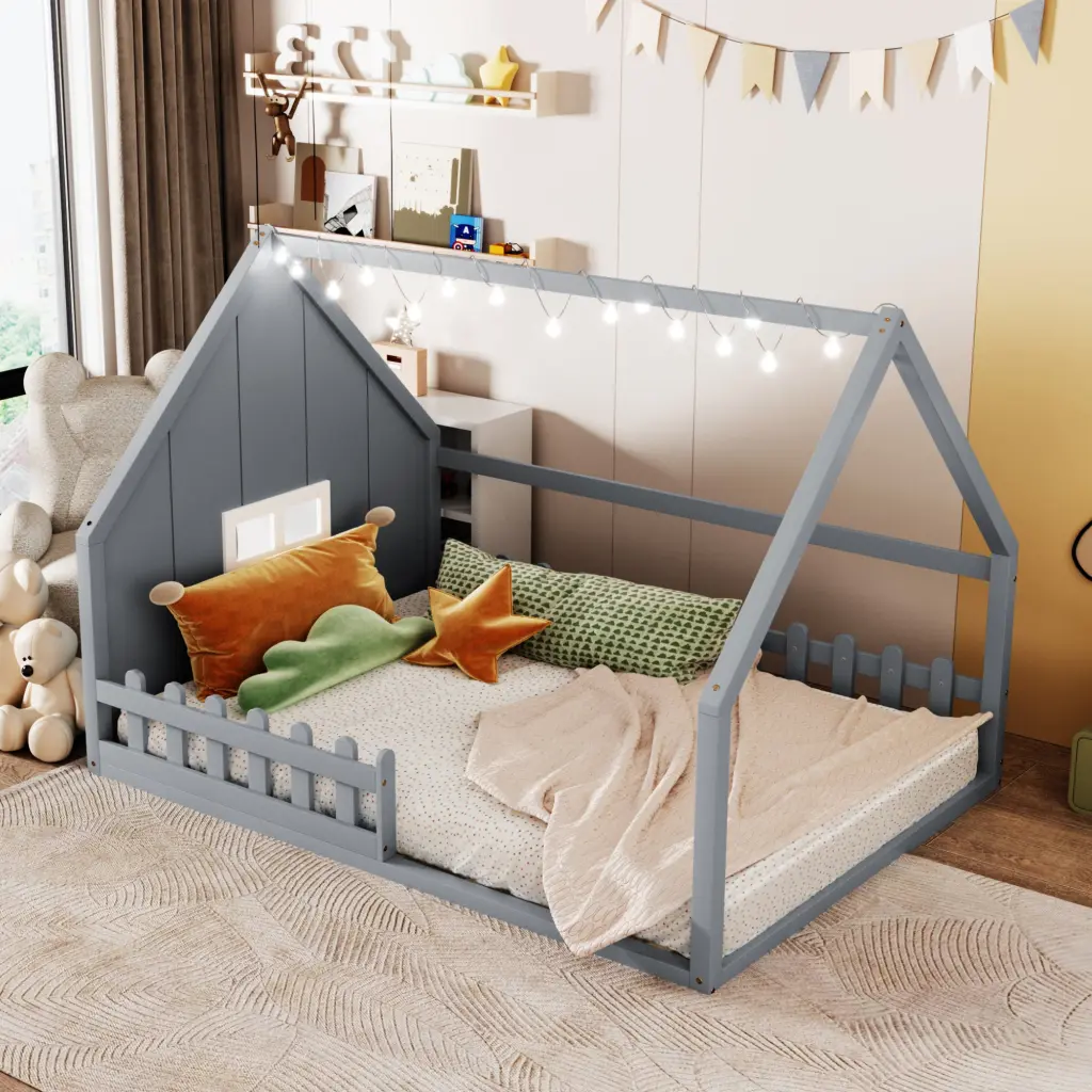Full Size Wood House Bed Window and Fence Gray wm store