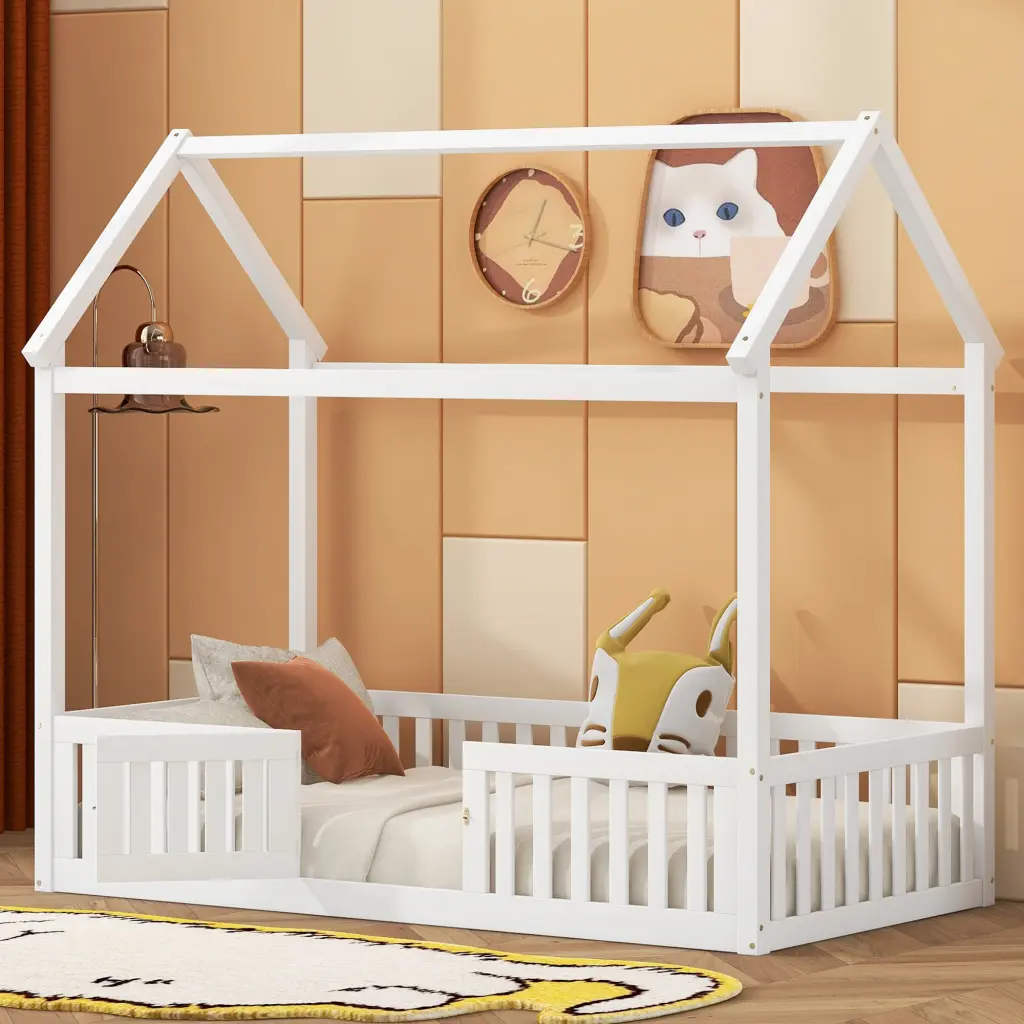 Twin Dimensions Timber House Bed Fence and Door White wm store