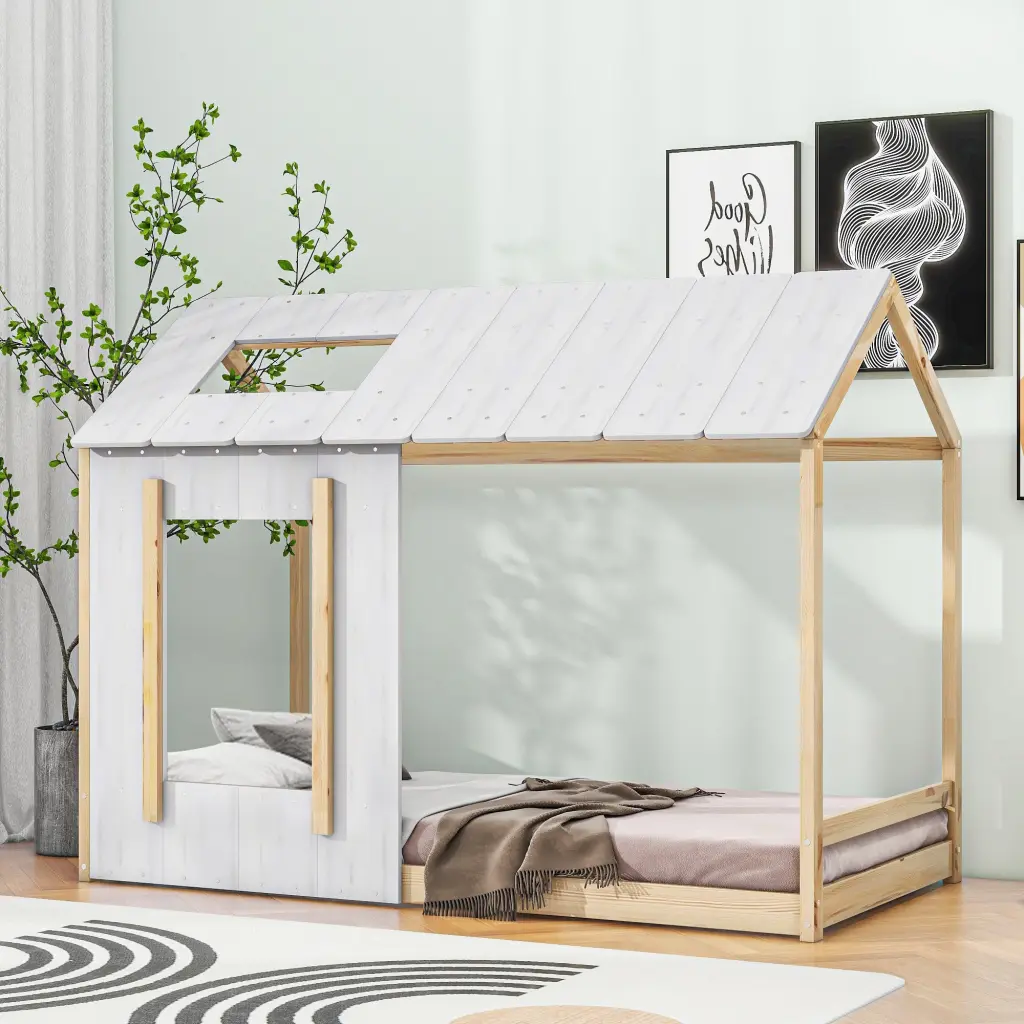 Twin Size House Platform Bed Roof and Window White wm store