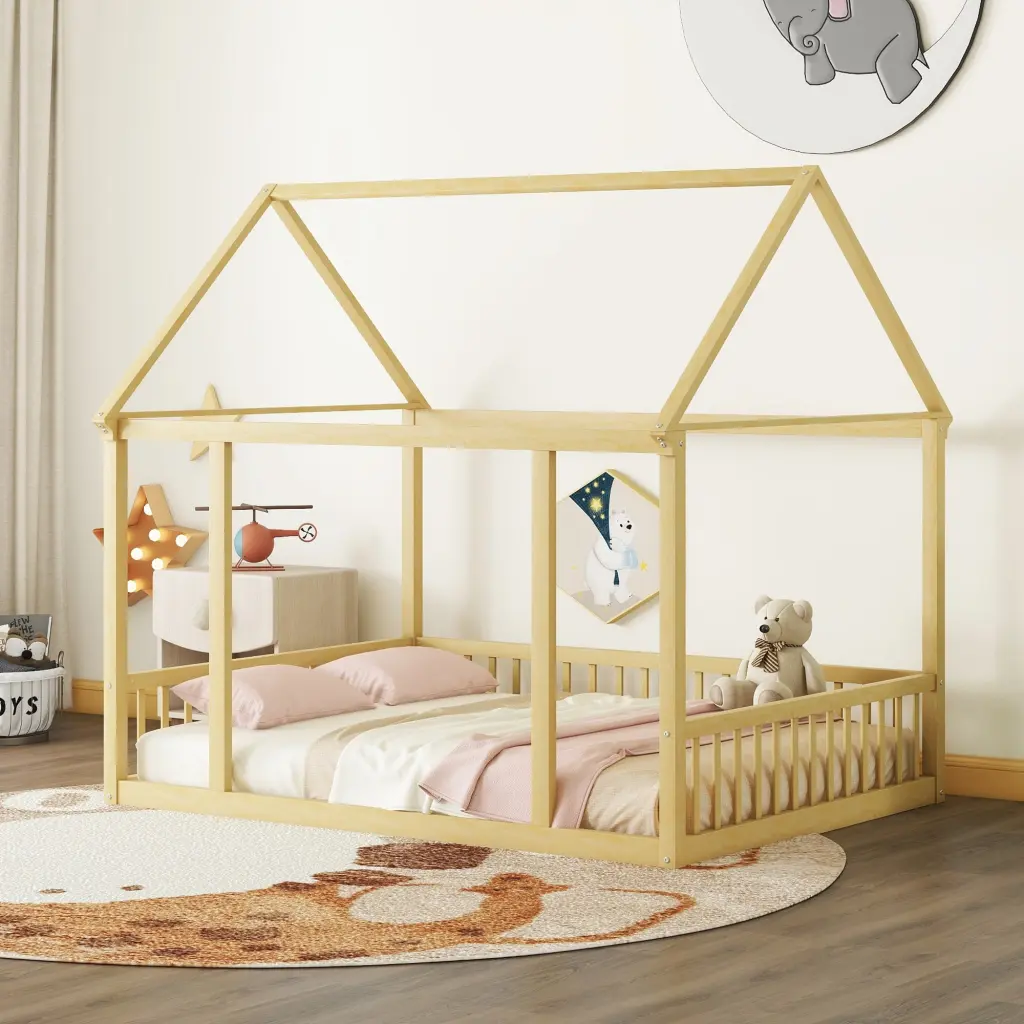 Full Dimensions Floor Timberen Bed House Roof Frame And Safety Guardrails bonwell