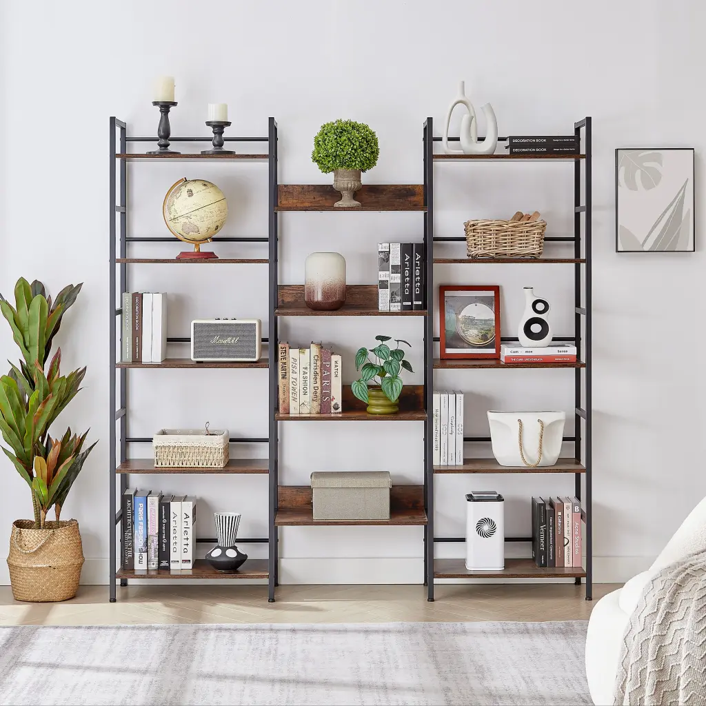 Triple Wide 5 Shelf Bookshelves Industrial Retro Wooden Style Storage Unit cz store