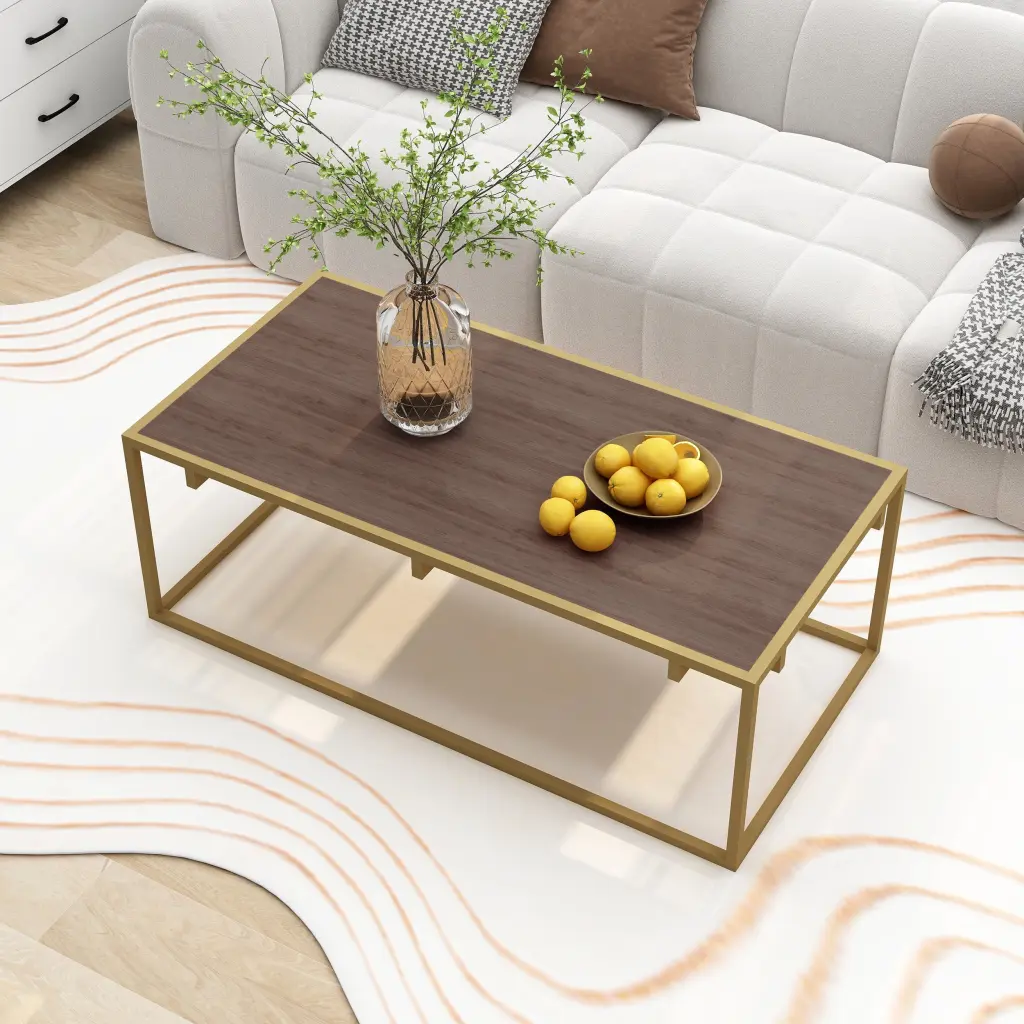 Alazyhome Modern Industrial Style Rectangular Wood Grain Top Coffee Table Gold Metal Box Frame