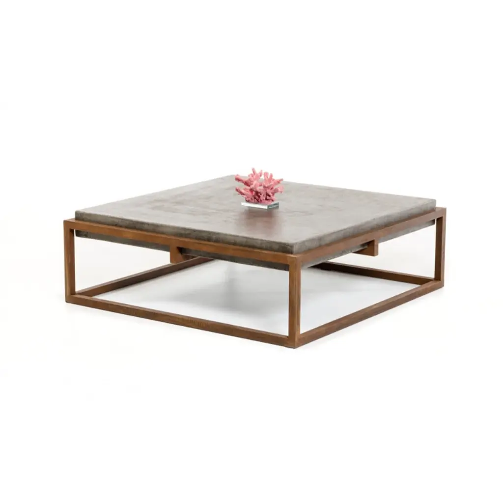 Benzara Square Rustic Steel Framed Coffee Table Concrete Top Brown Gray Industrial Style