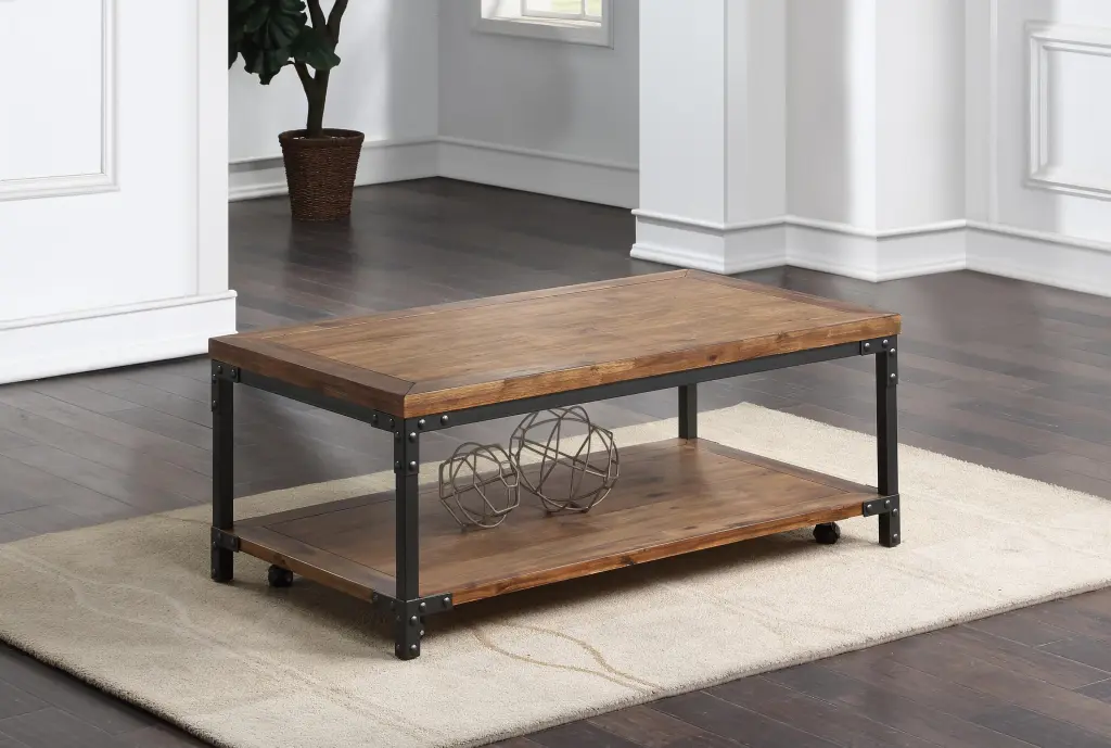 CCCCCAOLI Rustic Industrial Cocktail Table Antiqued Honey Finish and Bottom Shelf