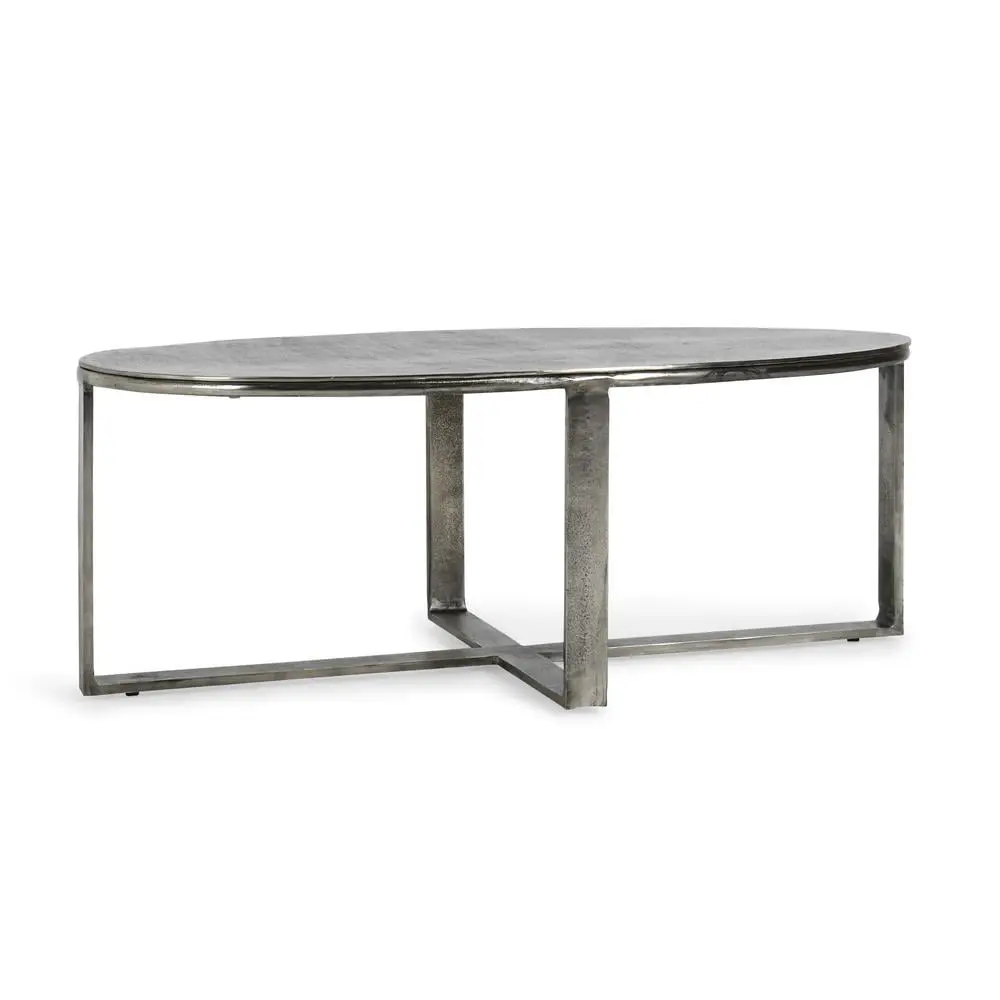 Classic Home Flores 48 Inch Industrial Oval Metal Nickel Coffee Table