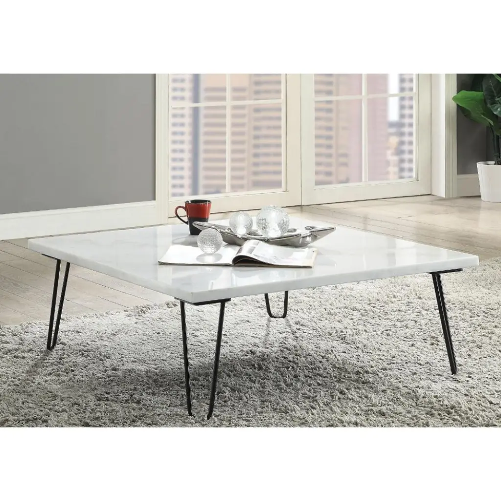 ACME Telestis Industrial Style Coffee Table White Marble Top Square Shape Dawn Whisper