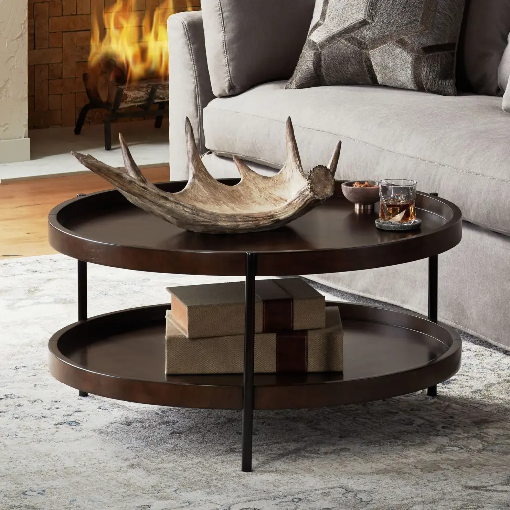 Elm Lane Taos Modern Industrial Minimalist Wood Round Coffee Table 36 Wide Dark Brown Lower Shelf Living Room Bedroom
