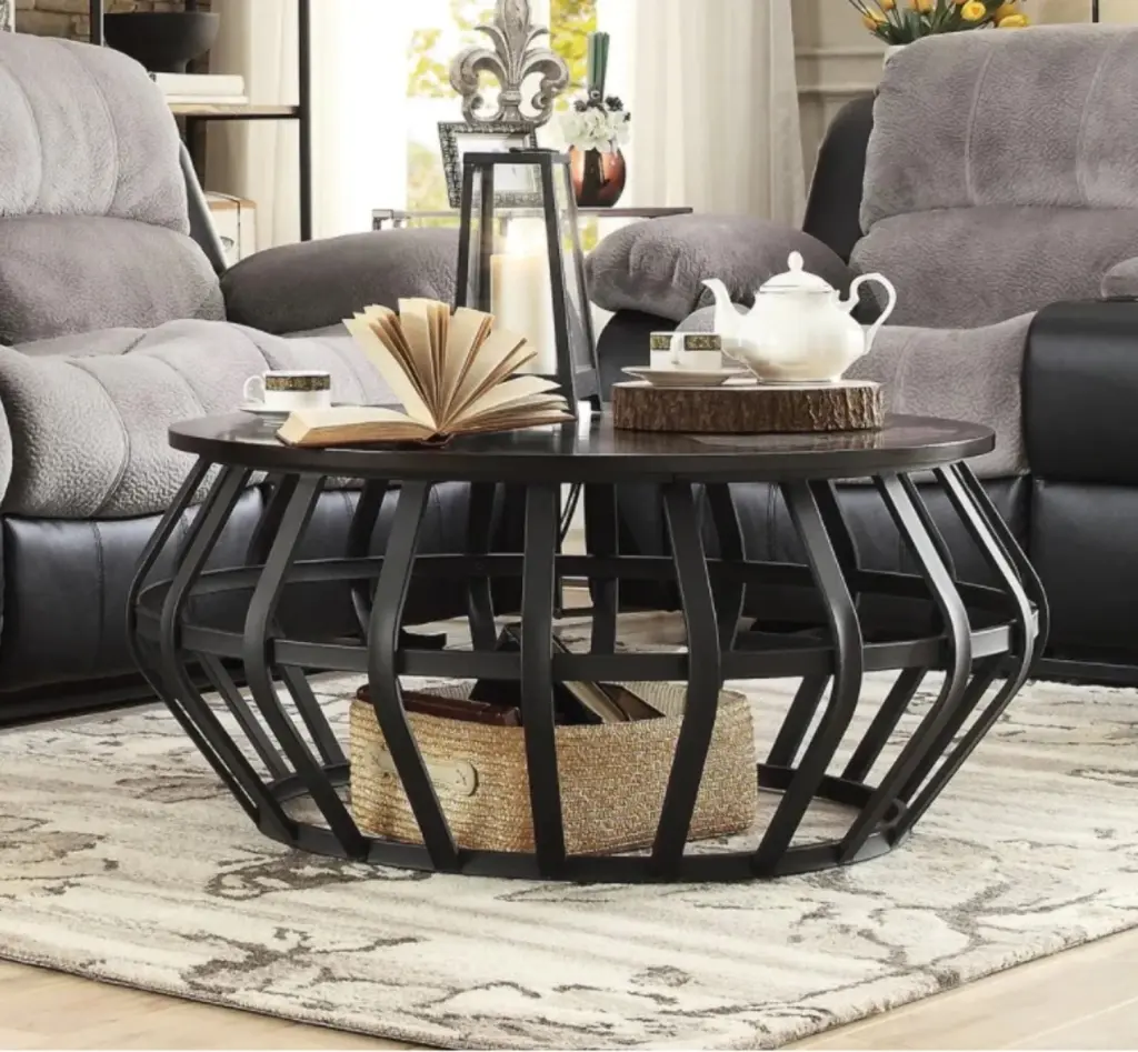 INDANG Metal Frame Round Cage Slate Accent Coffee Table Industrial Style Hibashi Furniture