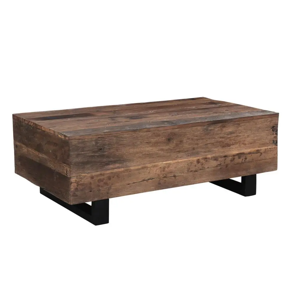 HomeRoots 52 Dark Brown And Black Solid Wood And Metal Distressed Coffee Table - Industrial Style