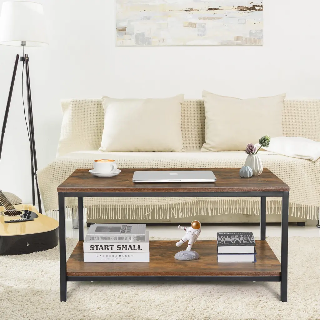 HomGarden 2-Tier Industrial Coffee Table Storage Shelf Rectangular Retro Cocktail Table Brown