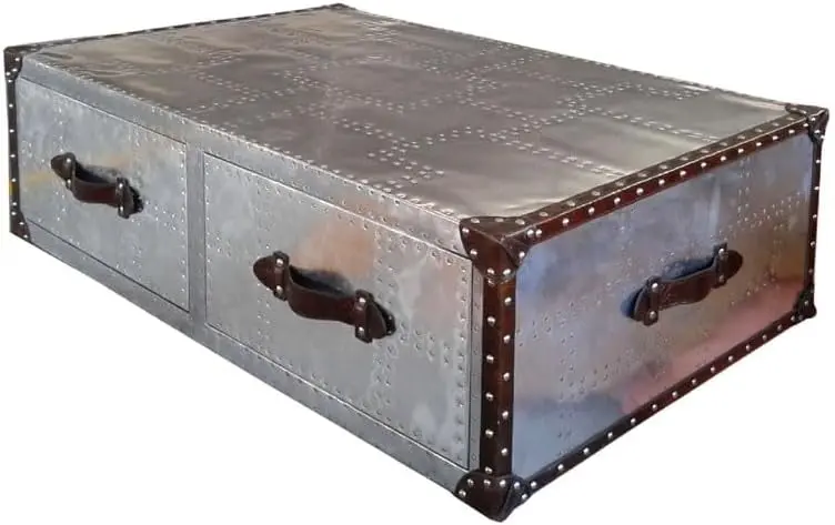 NauticalMart Aviator Leather Steamer Coffee Table Vintage Storage Drawers Rectangle Aluminum Center Table