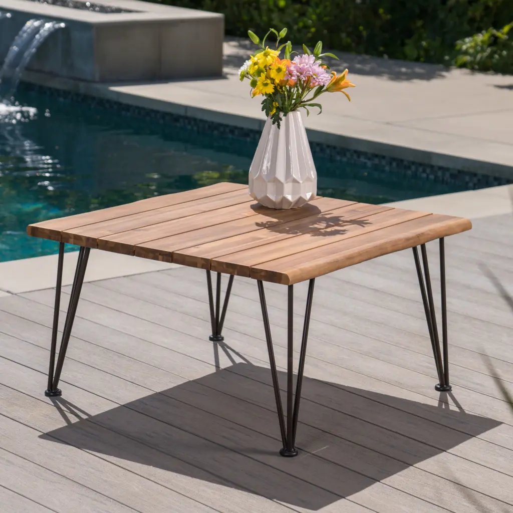 Outdoor Industrial Acacia Wood Coffee Table Finish Iron Frame Rustic Teak Noble House