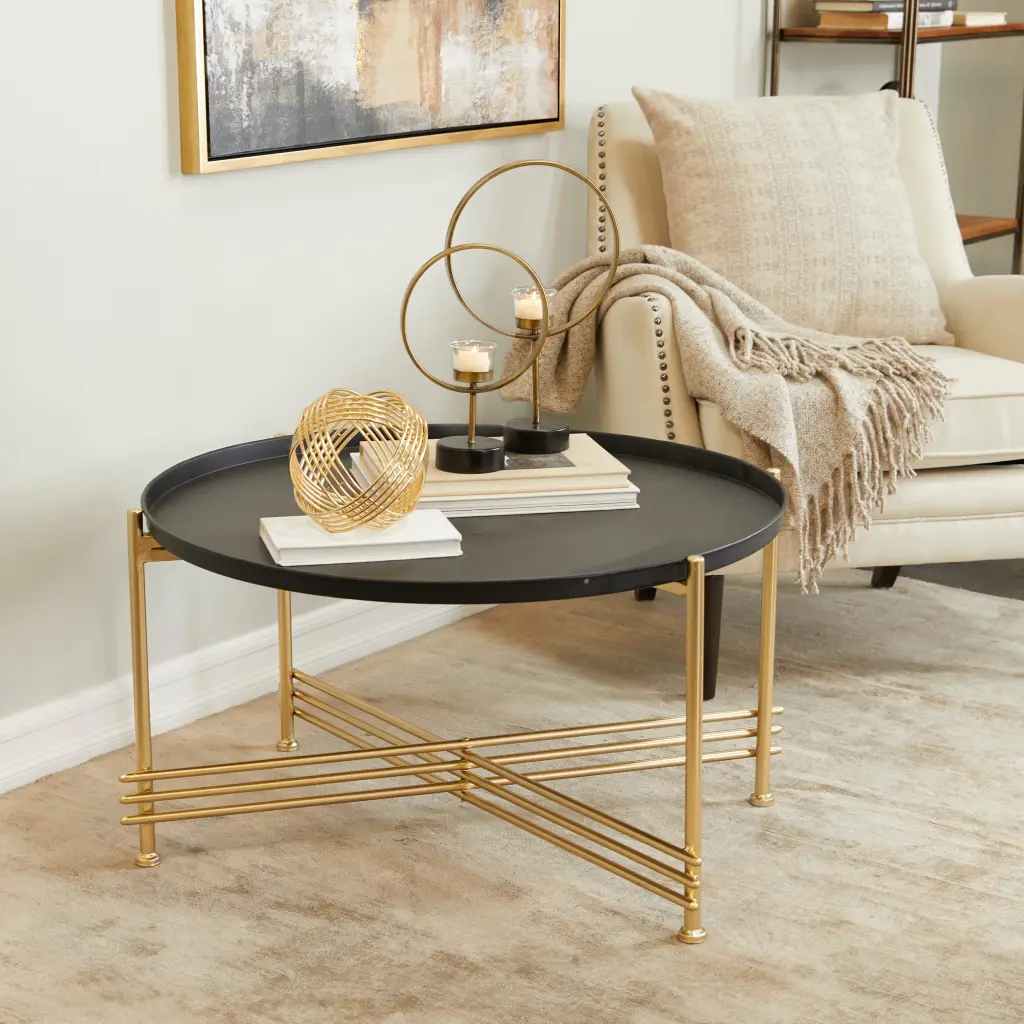 Studio 350 Black Metal Coffee Table Gold X Shaped Base 33 x 33 x 19 Inches