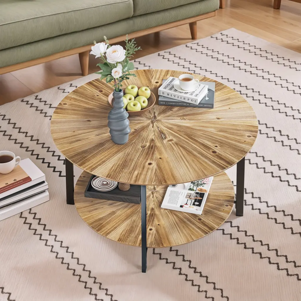 Tcbosik Industrial 31.5in Round Coffee Table Living Room Center Table Storage Shelf Vintage Wooden Cocktail Table Metal Fr...