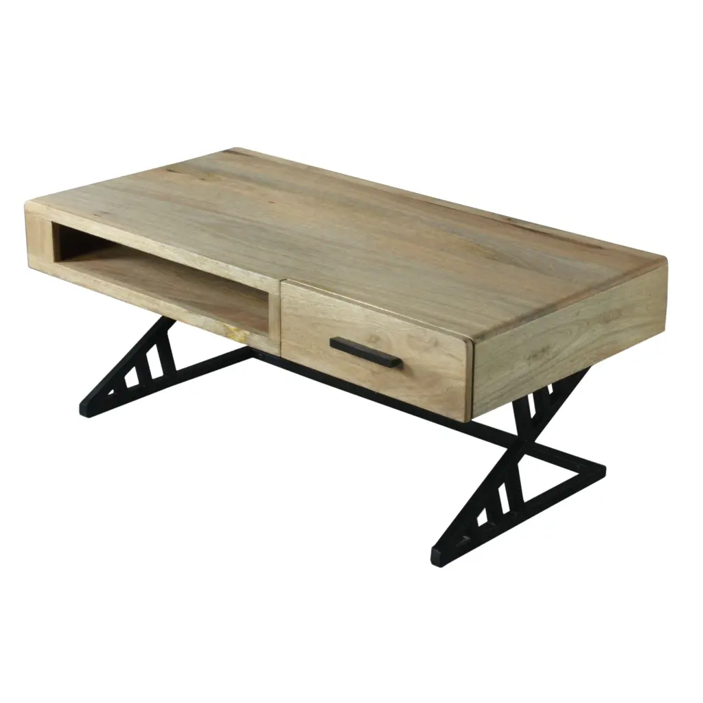 40 Inch Handcrafted Industrial Mango Wood Coffee Table Metal Frame Wobythan