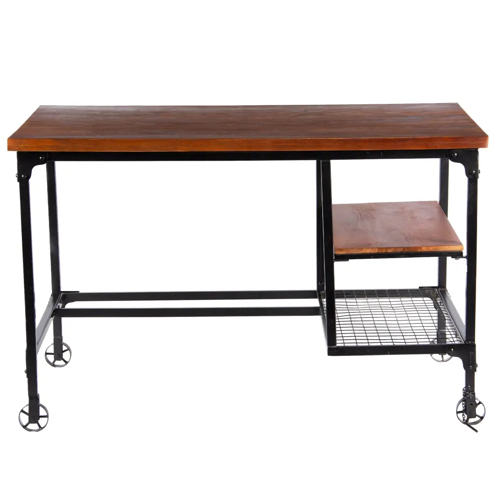 Industrial Style Wood and Metal Desk Two Bottom Shelves Brown royal hampton