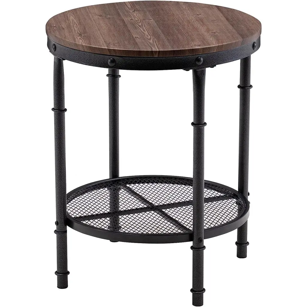 20 Inch Round Industrial End Table Metal Mesh and Farmhouse Wooden Design Living Room HElectQRIN