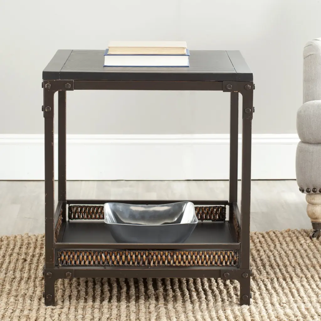 SAFAVIEH Dinesh Industrial End Table Shelf Black Dark Walnut