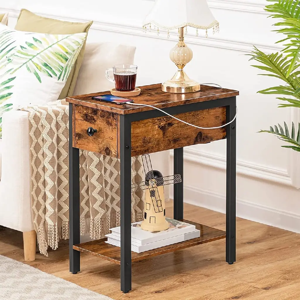 Nightstand 2-Tier Narrow End Table Drawer Industrial Side Table Small Space Living Room Bedroom Office Wood Look Accent Ta...