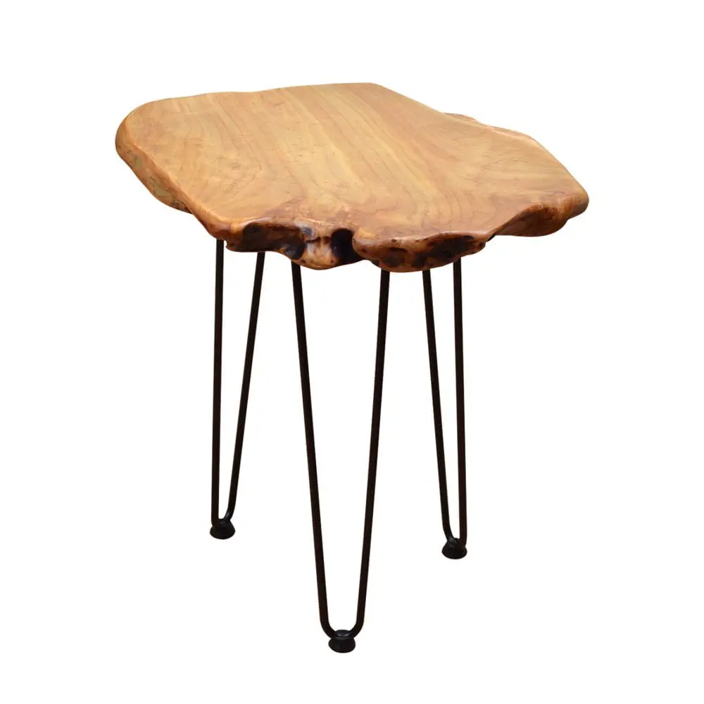 Gzxs Industrial Side Table Irregular Wooden Top End Desk Metal Legs Yellow Brown