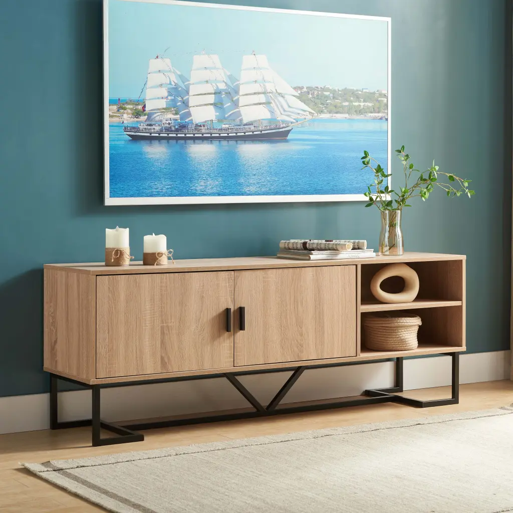 Modern Metal Base TV Stand Two Shelves and Two Door Cabinet - Entertainment Unit DJ Corp Design
