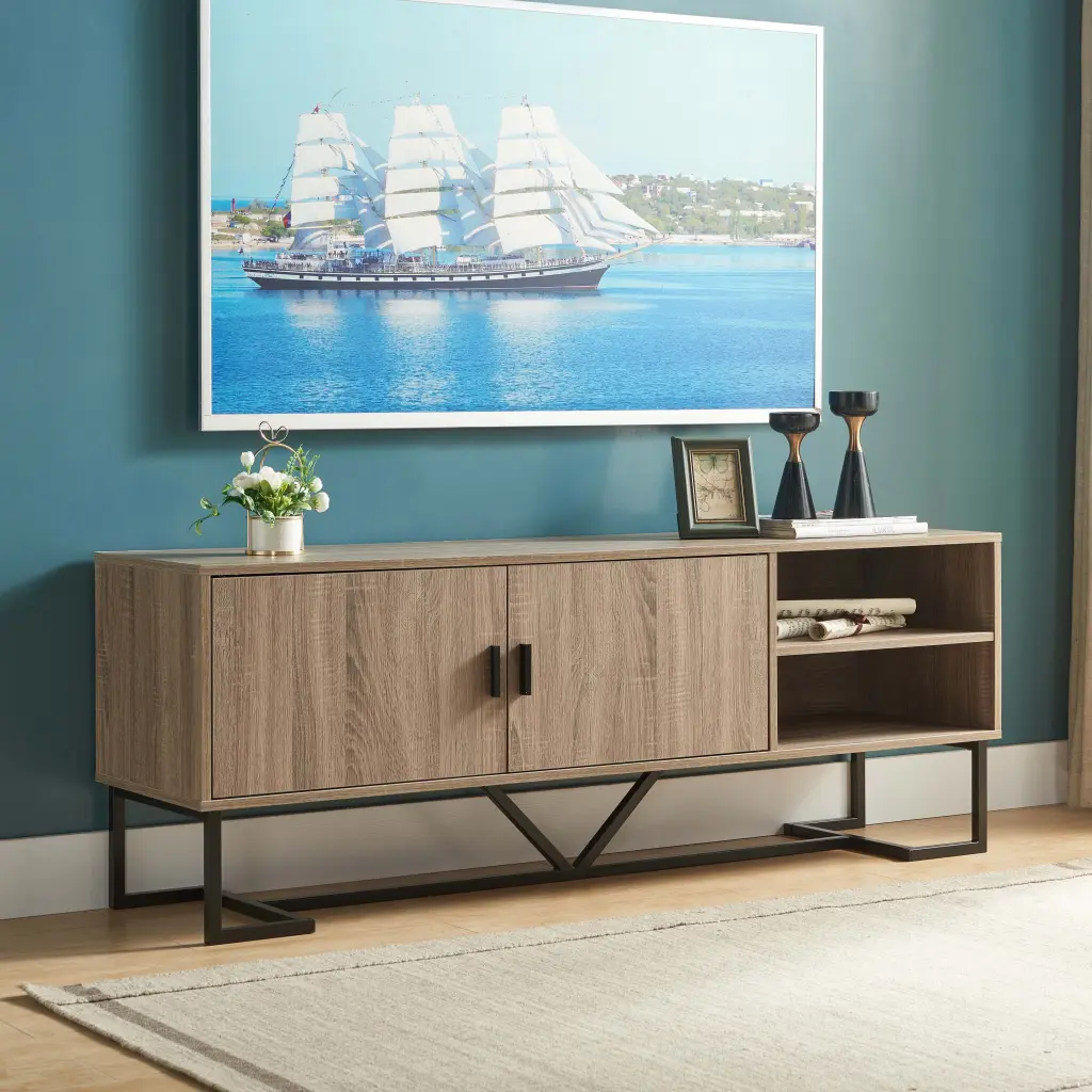 Modern Metal Base TV Stand Two Shelves and Two Door Cabinet - Entertainment Unit DJ Corp Design