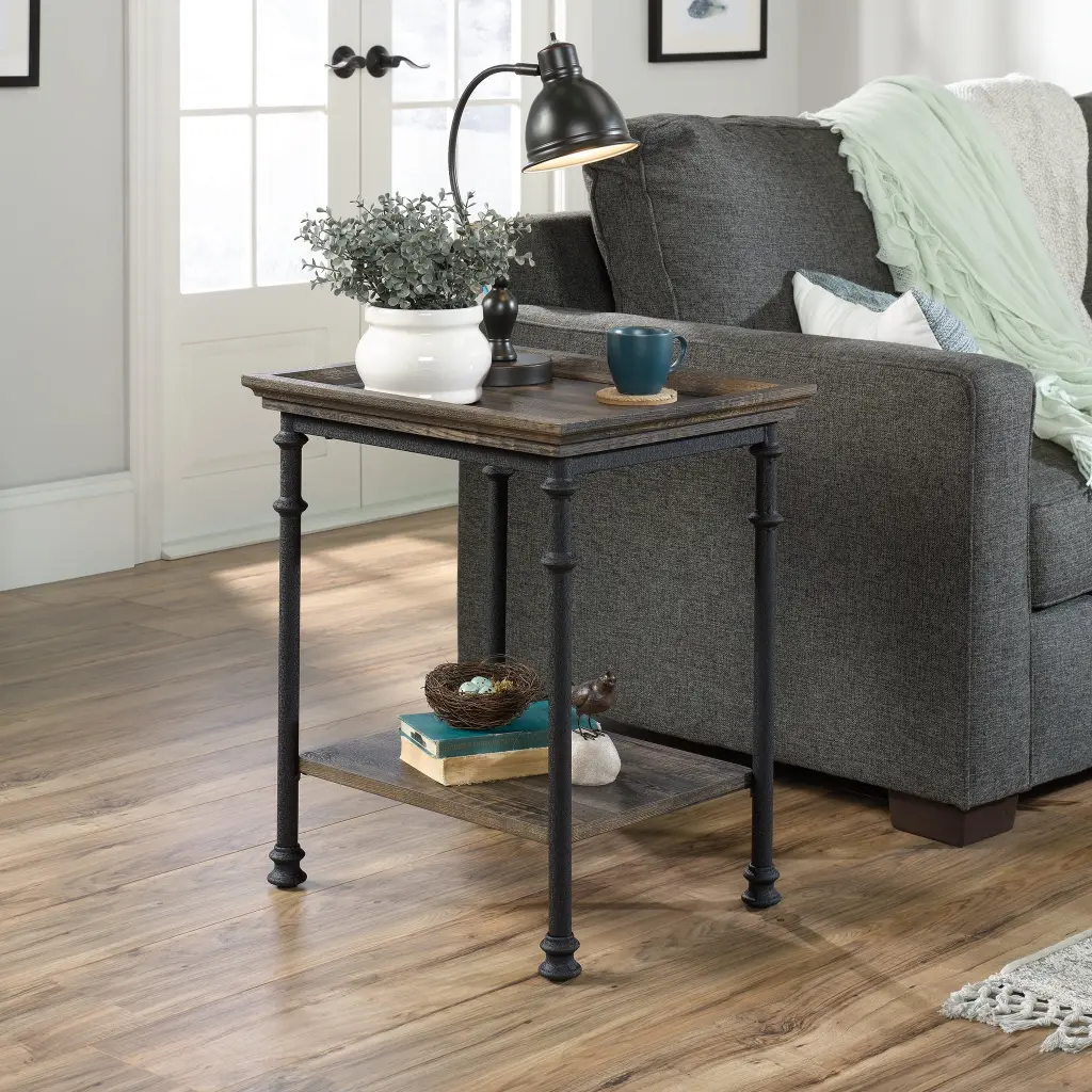 Sauder Canal Street Industrial Tray Top End Table Carbon Oak Finish