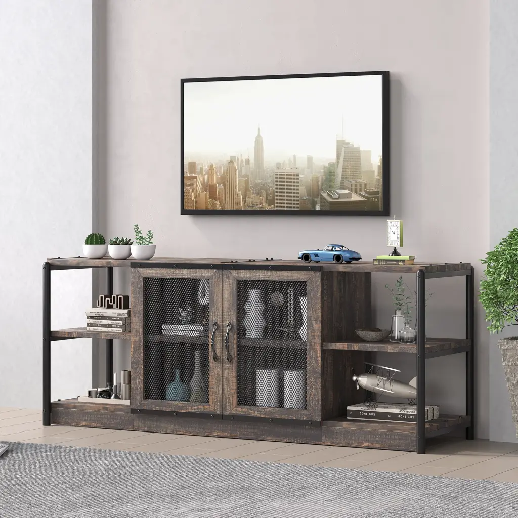Yartaka Industrial TV Stand 65+ Inch TV Farmhouse Entertainment Center Mesh Door Rustic Oak