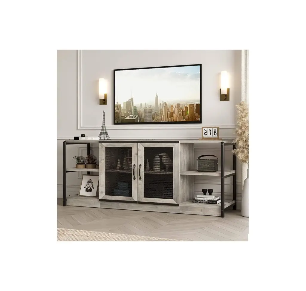 CodYinFI Industrial TV Stand 65+ Inch TV Farmhouse Entertainment Center Mesh Door and Shelves Gray