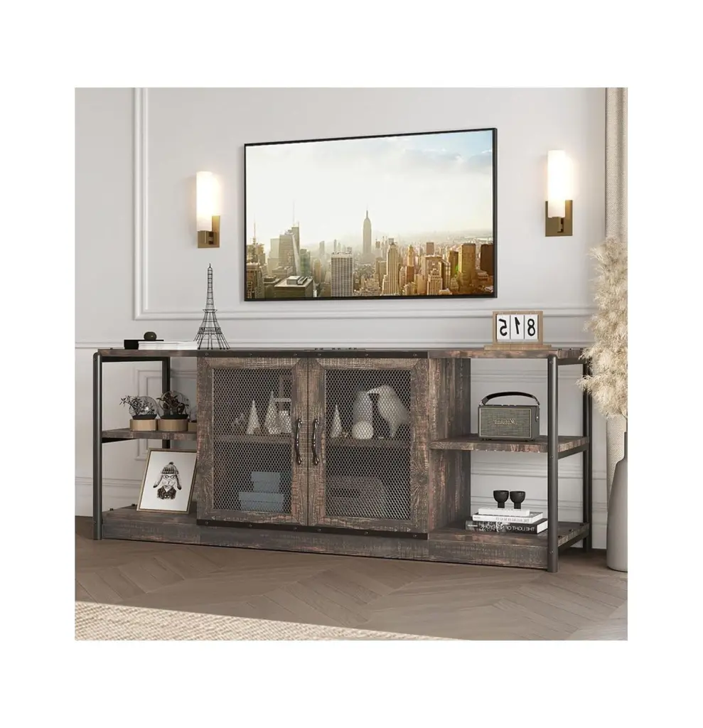 CodYinFI Industrial TV Stand 65+ Inch TV Rustic Oak Entertainment Center Storage and Mesh Door