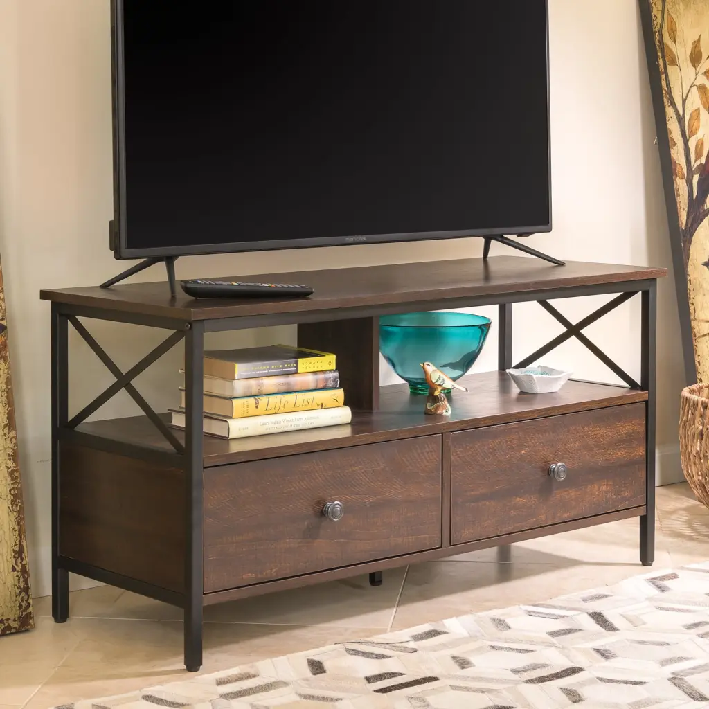 DecorTech Industrial 50 Inch TV Stand Metal and Walnut Wood Design