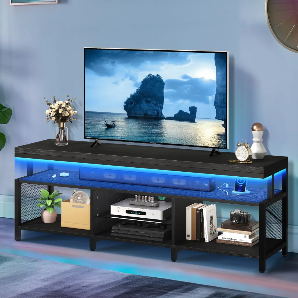 DWVO Industrial LED TV Stand 55-70 Inch TVs Power Outlets Entertainment Center TV Cabinet Black