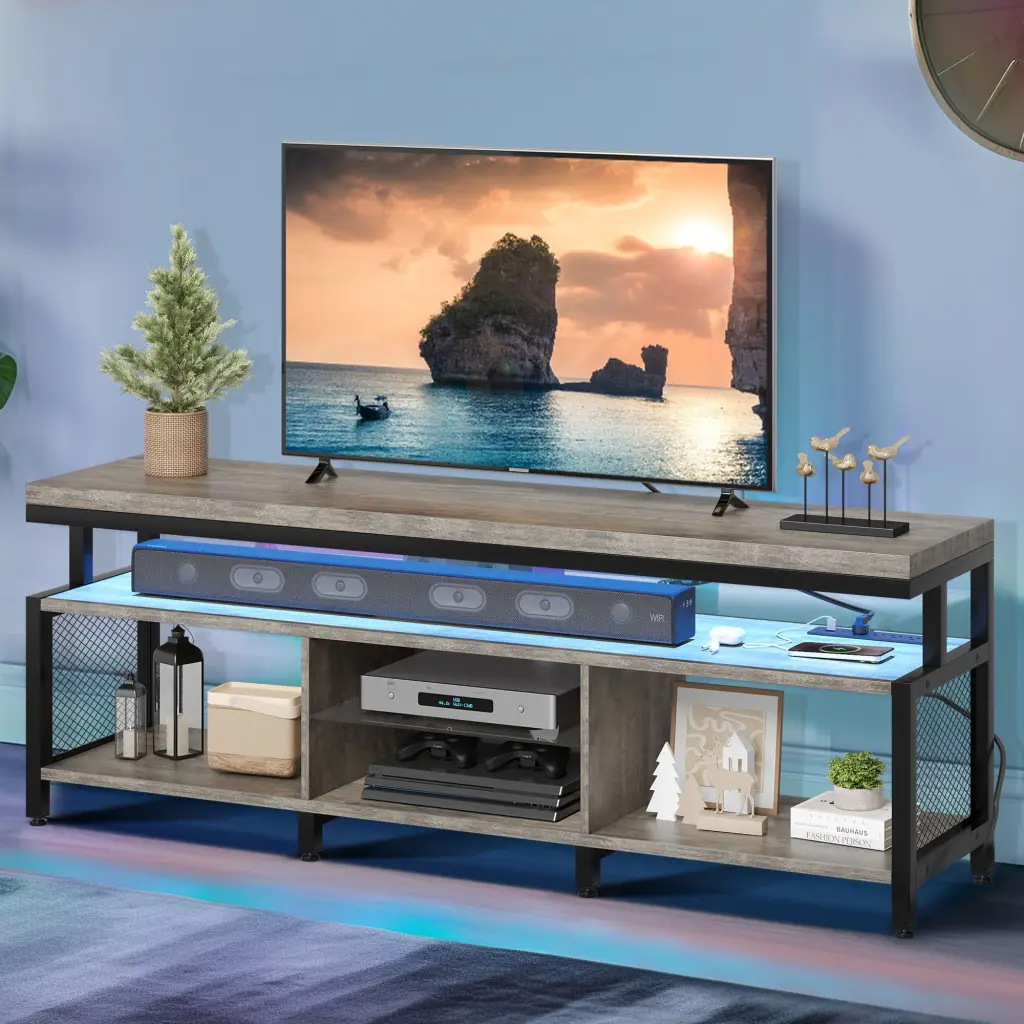DWVO LED TV Stand Power Outlets - Industrial Entertainment Center 55-70 Inch TVs Gray