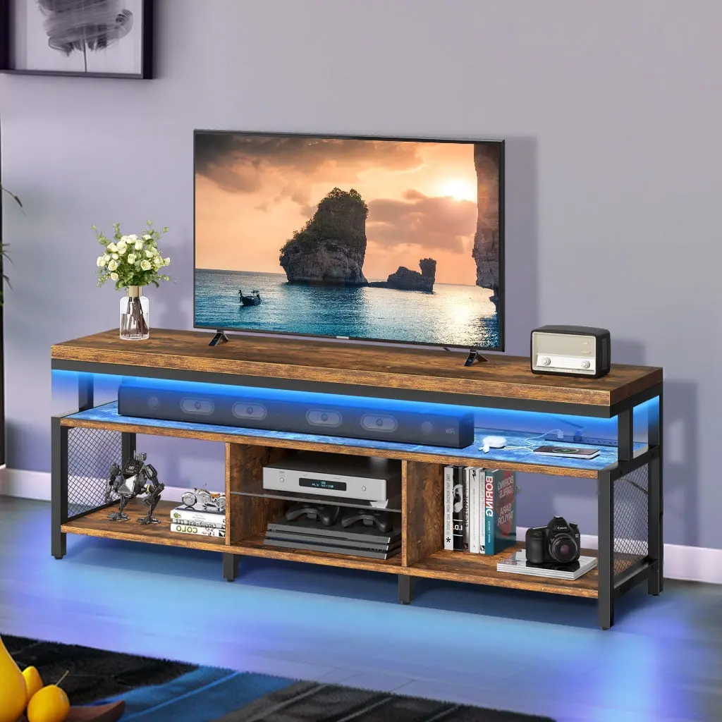DWVO LED TV Stands TVs Stands up to 70 Industrial Media Entertainment Center Console Power Outlets Living Room Retro Brown
