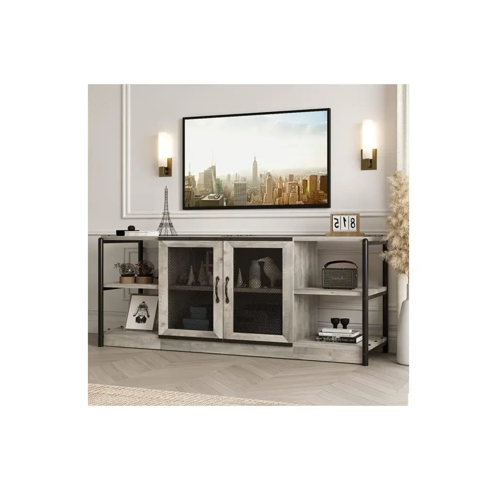 Lwory Industrial TV Stand 65+ Inch TV Farmhouse Entertainment Center Mesh Door and Shelves Gray