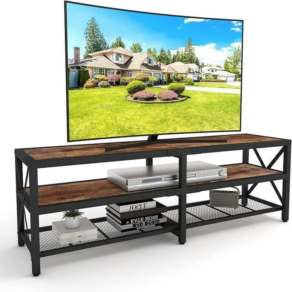Meteorleg TV Stand TVs Up to 75 Inches 3-Tier Open Storage Shelves Rustic Brown