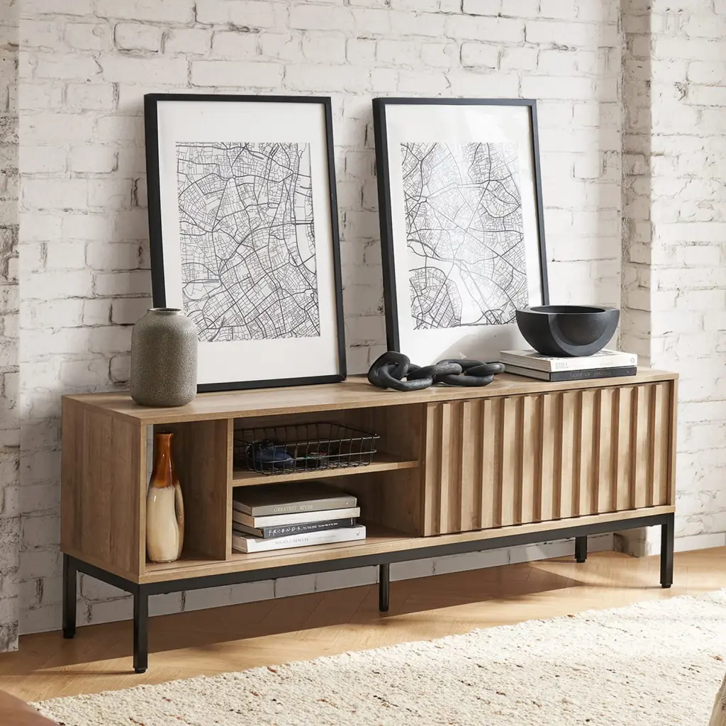 Mopio Norwin 64 Inch Industrial Farmhouse TV Stand 70 Inch TVs Metal Legs Riviera Oak