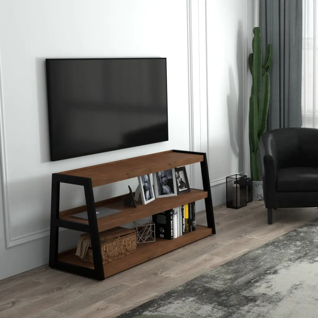 WyndenHall Hawkins 47.6 Inch Industrial TV Media Stand Walnut Wood 50 Inch TVs Wynden Hall