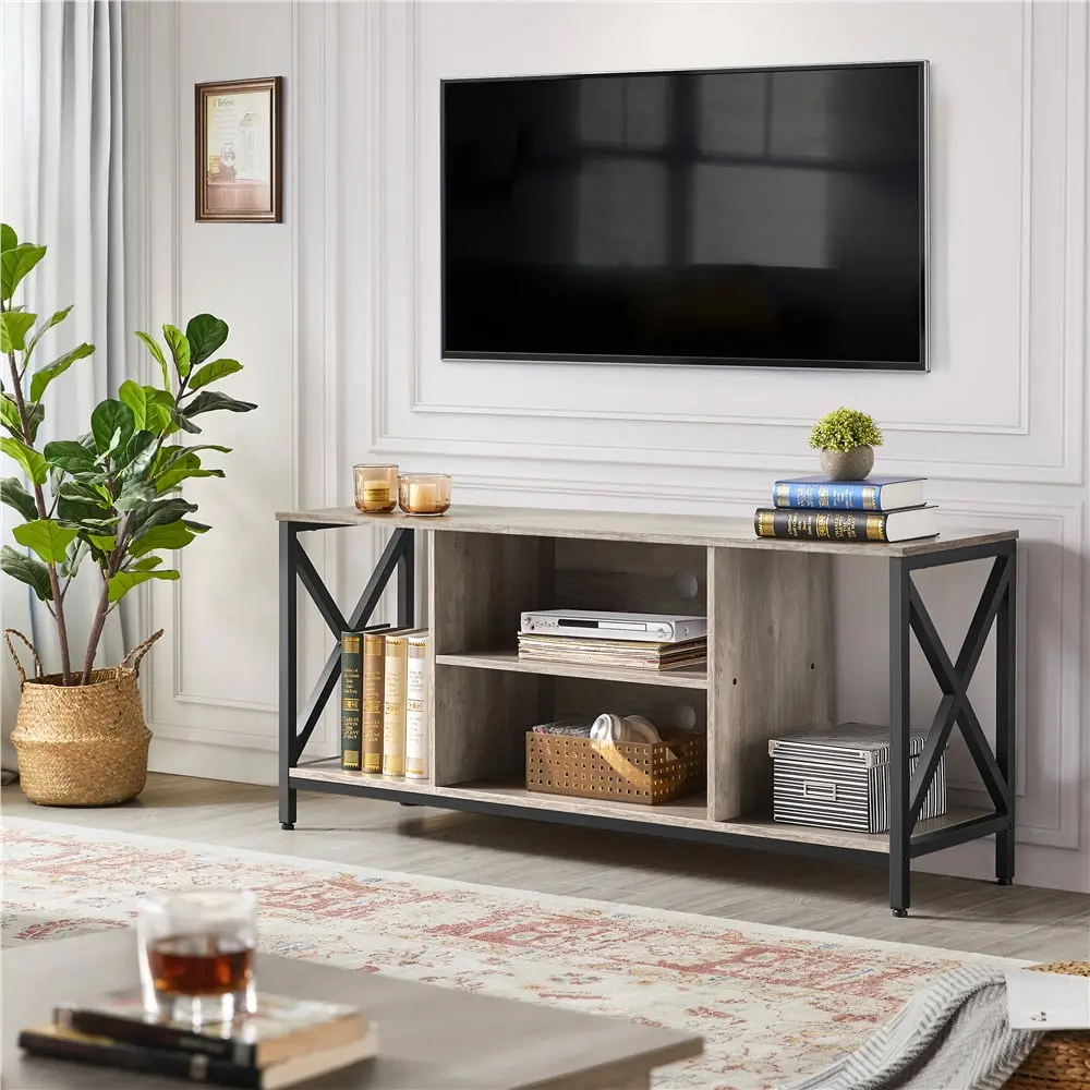 Alden Design 60-Inch Industrial TV Stand Storage Distressed Gray