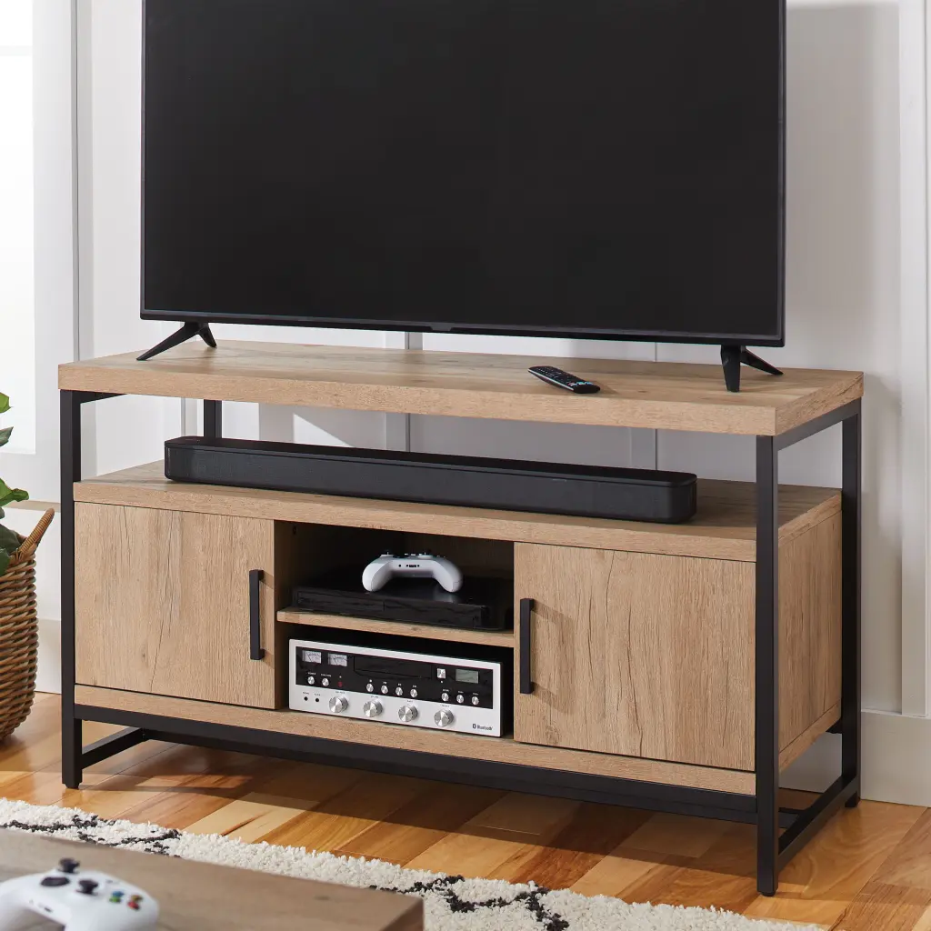 Better Homes & Gardens Jace Industrial Media TV Stand TVs up to 55 Inches Natural Oak
