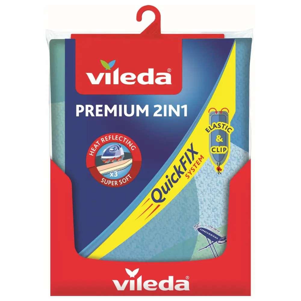 VILEDA PREMIER 2 1 Ironing Board Cover Super Soft and Durability Heat Reflecting Universal Size Protection Against Moving ...