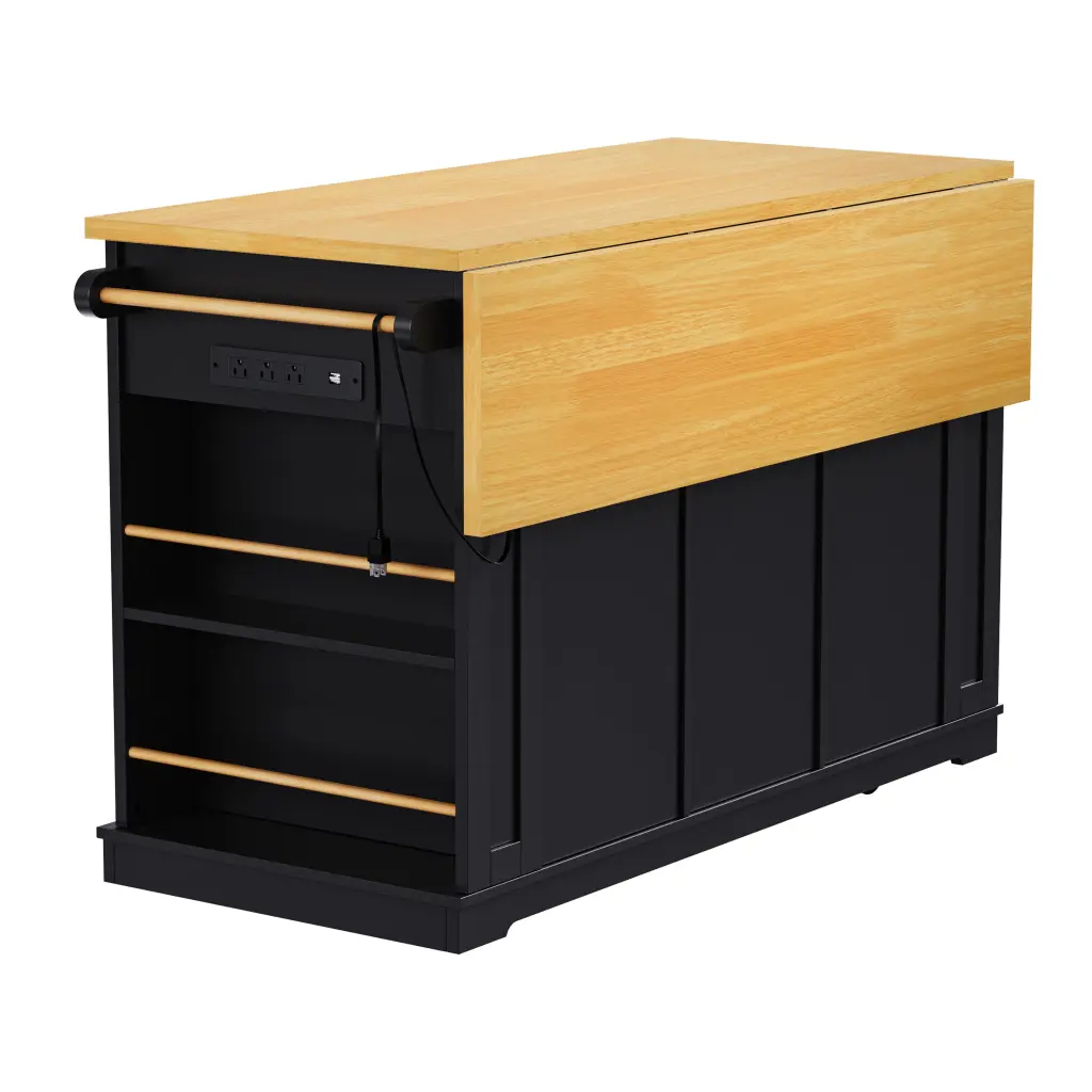 K&K 53 Inch Large Kitchen Island 2 Bar Stools Power Outlet and Door k-k store